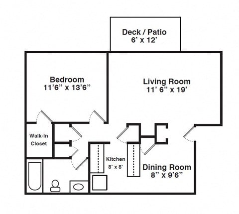Floor plan for 1 bed, 1 bath, 746 sqft